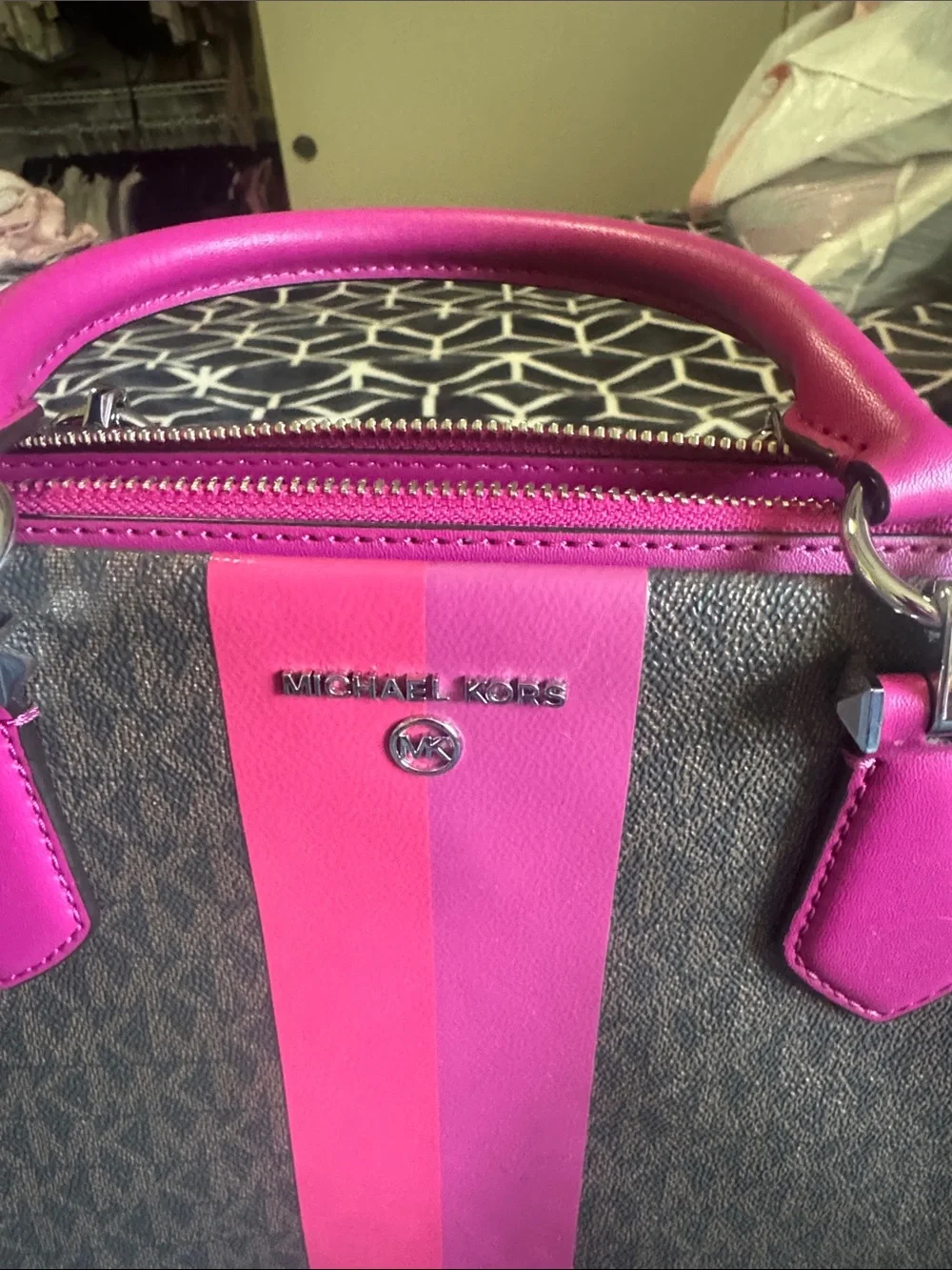 Michael Kors Brown & Hot Pink Signature Stripe Satchel - Picture 3 of 8